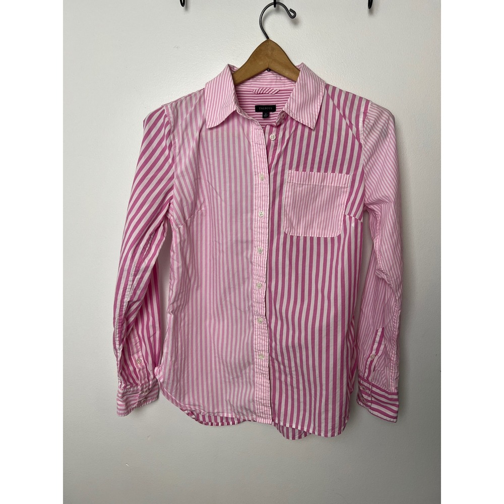 Talbots Pink White Striped Button Down Shirt Long Sleeve Cotton XS Mixed Stripe